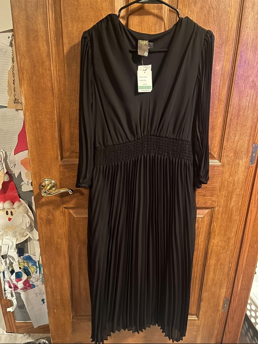 Taylor Black Pleated Midi Dress with Smocked Waist and V-Neck